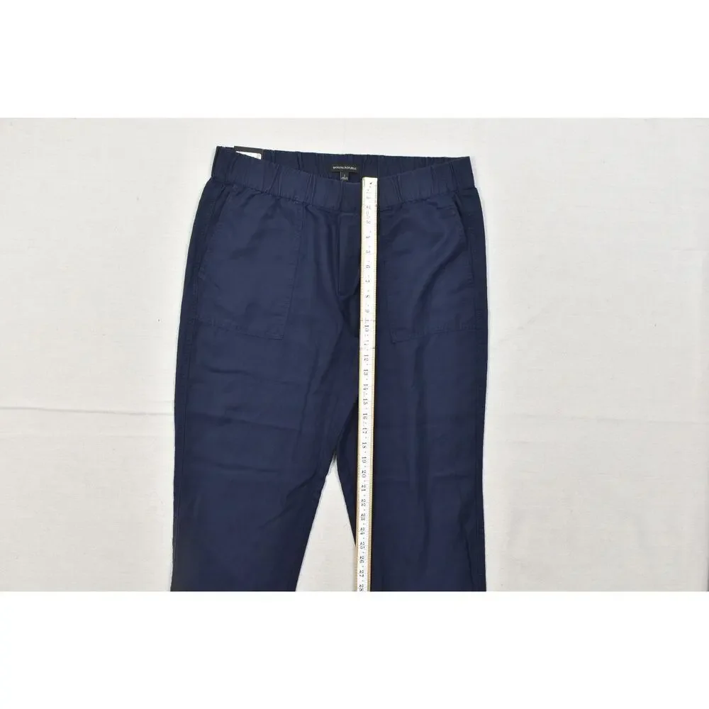 Banana Republic Women Tapered Crop Pant Size L Navy Blue Lyocell Linen Blend NEW